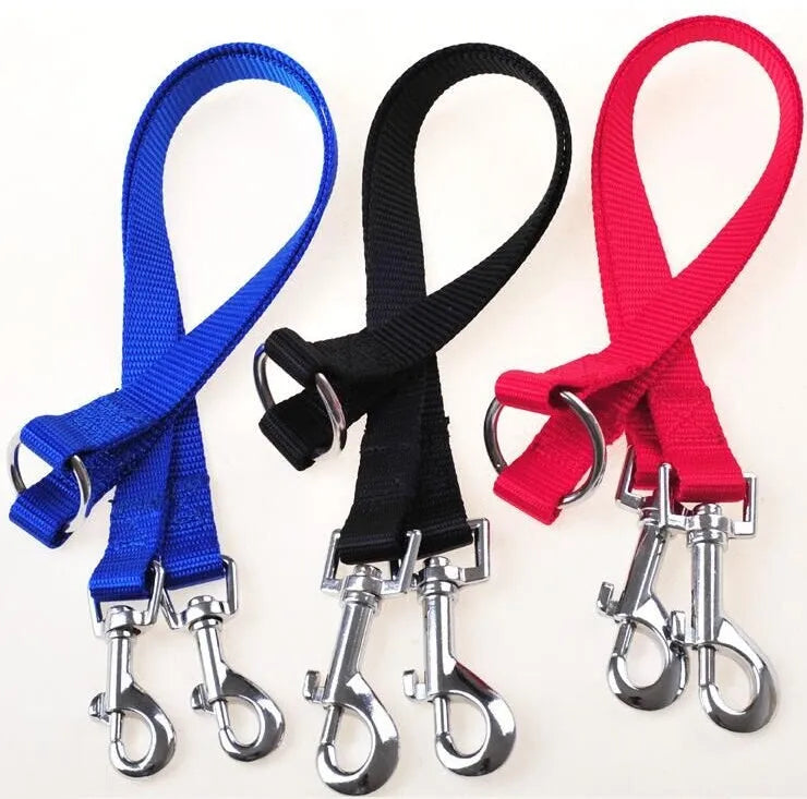 Double dog lead coupler in nylon, available in black, blue, purple, and red, sizes small medium large, 45cm length