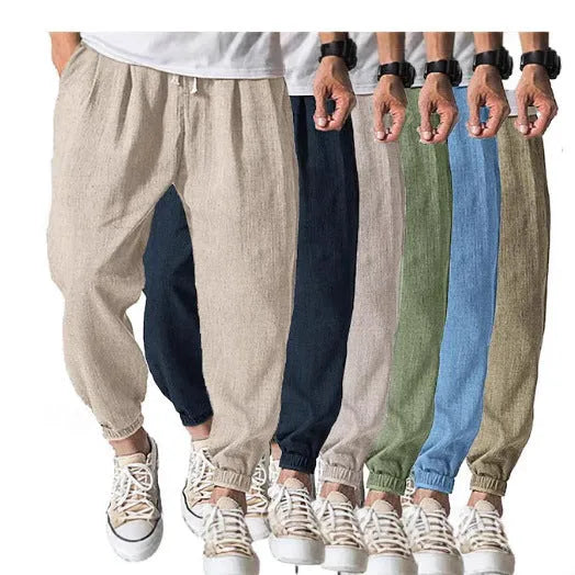 Men's casual loose cotton summer pants with ankle banded cuffs in various colours