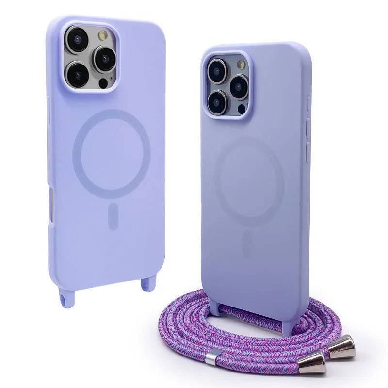 Magnetic lanyard phone case in black with crossbody strap and frosted TPU finish for iPhone models.