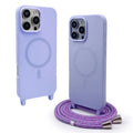 Magnetic lanyard phone case in black with crossbody strap and frosted TPU finish for iPhone models.