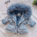 Girls blue denim coat with attached hood and plus velvet lining