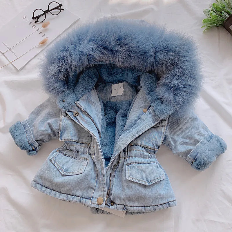 Girls blue denim coat with attached hood and plus velvet lining