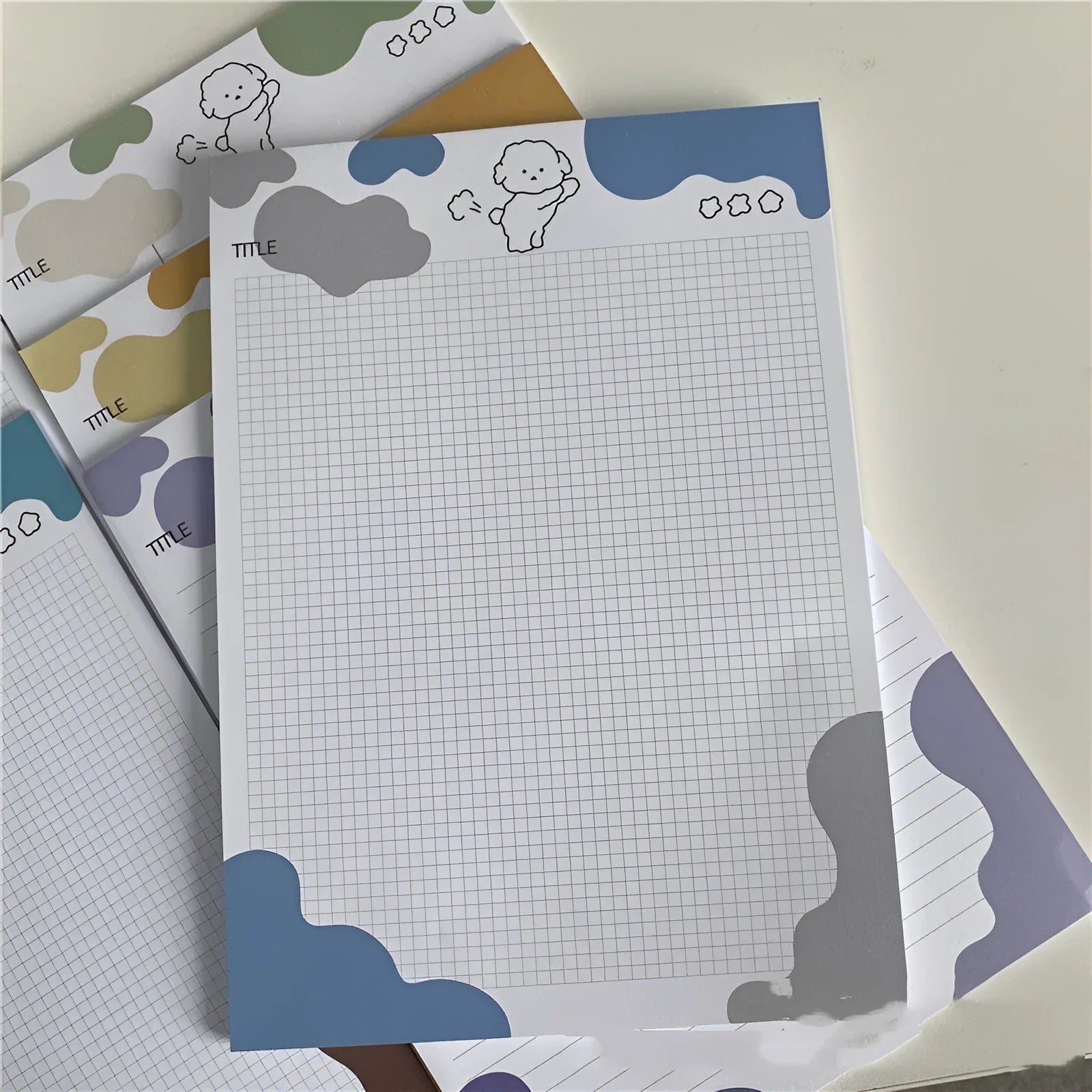 B5 sticky note pad with Korean PP puppy illustration on purple cover, showing 30 sheets of double-tape paper
