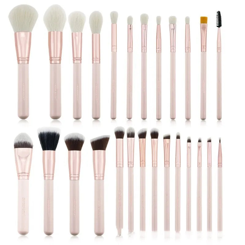 26 pink makeup brushes with wool bristles and wooden handles in PU brush case
