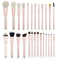 26 pink makeup brushes with wool bristles and wooden handles in PU brush case