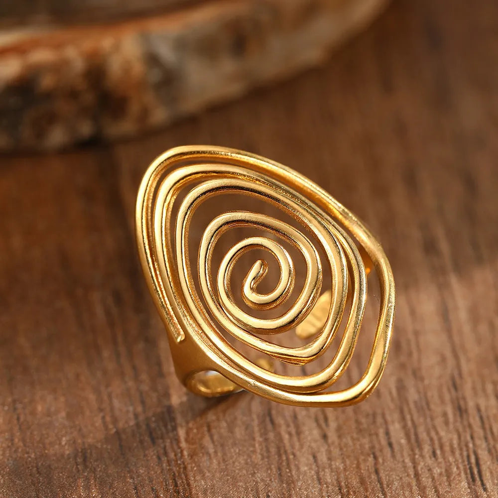 Geometric spiral laid open ring in stainless steel, unisex retro style, available in colours F1679 and F1680