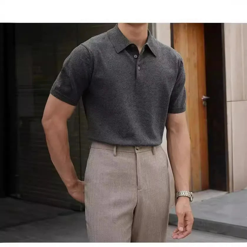 Men's short sleeve polo shirt in cotton ice silk fabric, shown in a choice of colours.
