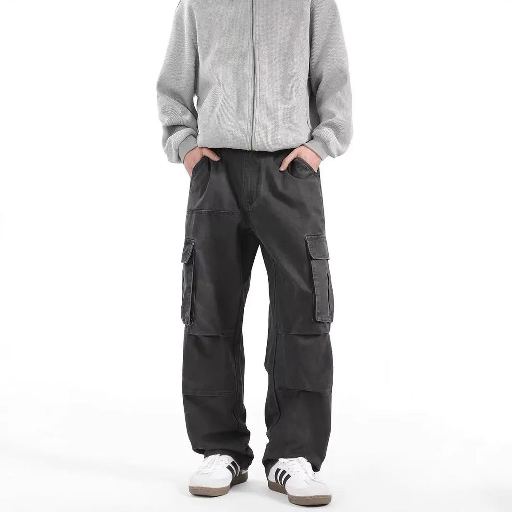 Men's multi-pocket cargo pants in army green or grey, cotton workwear trousers with drawstring waist, sizes M to 3XL