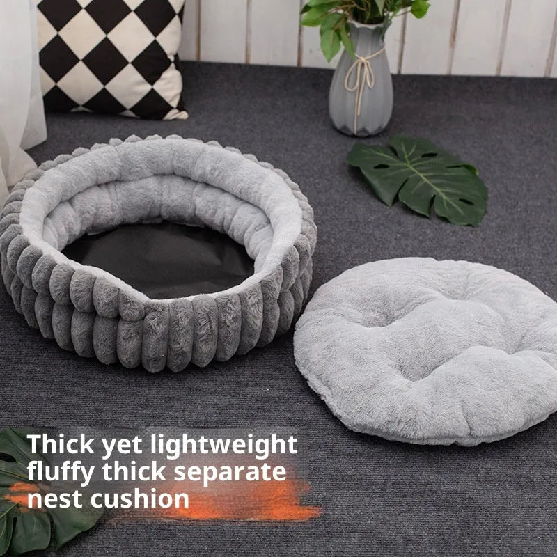 Round plush cat bed in 40cm, 50cm, or 60cm diameter with 15cm height, available in white, grey, pink, and khaki.