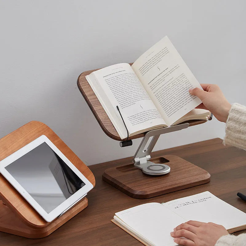 Walnut wood adjustable rotating reading rack holding book at angle