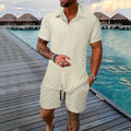 Men's chemical fibre casual suit set with short sleeve shirt and matching shorts in beige colour