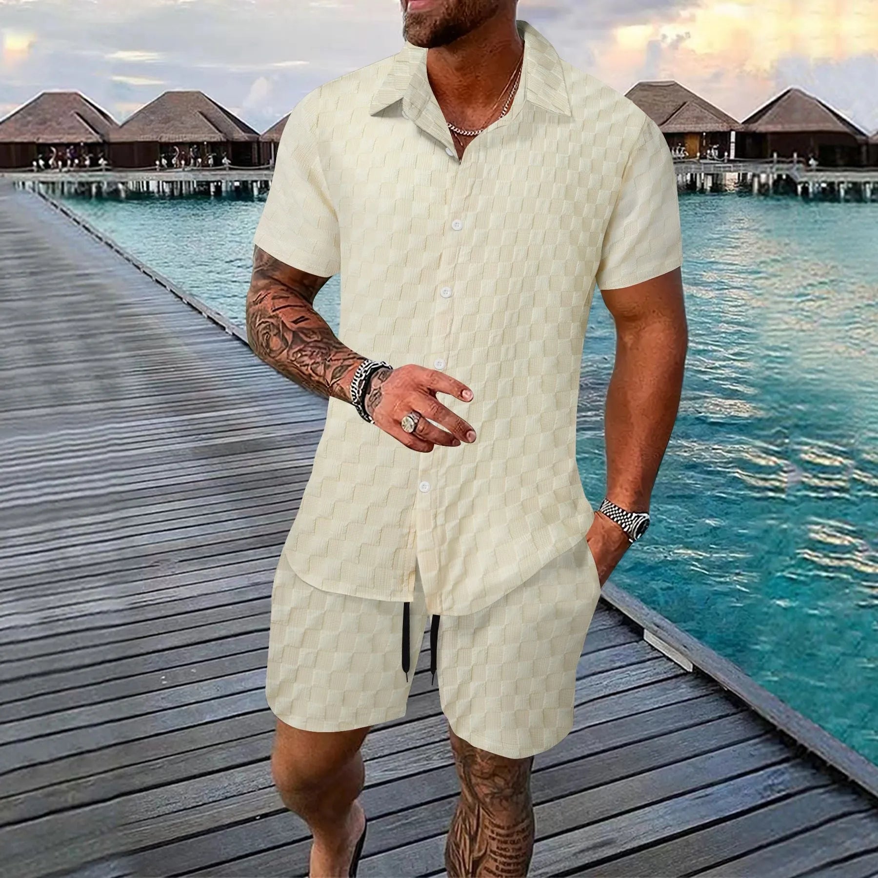 Men's chemical fibre casual suit set with short sleeve shirt and matching shorts in beige colour