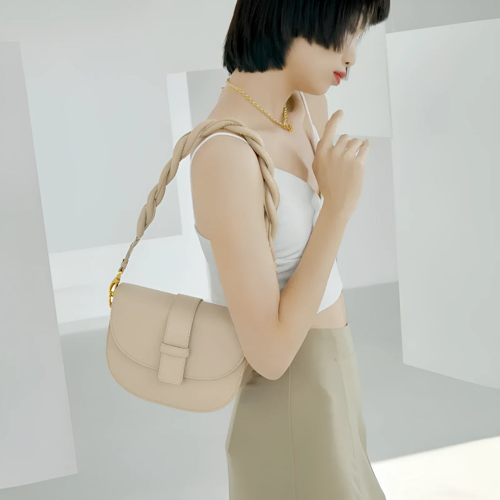 Women’s round crossbody bag in light brown with two-layer cowhide and double braid shoulder straps