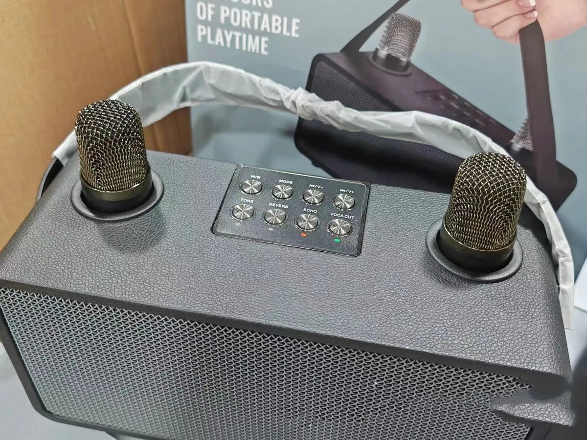 Black, square gray, or flower blue Bluetooth karaoke speaker with microphone, 20W, lithium battery, and card insertion.