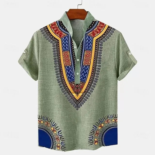 Men's striped loose-fit casual shirt showing personalised button detail and available colour options
