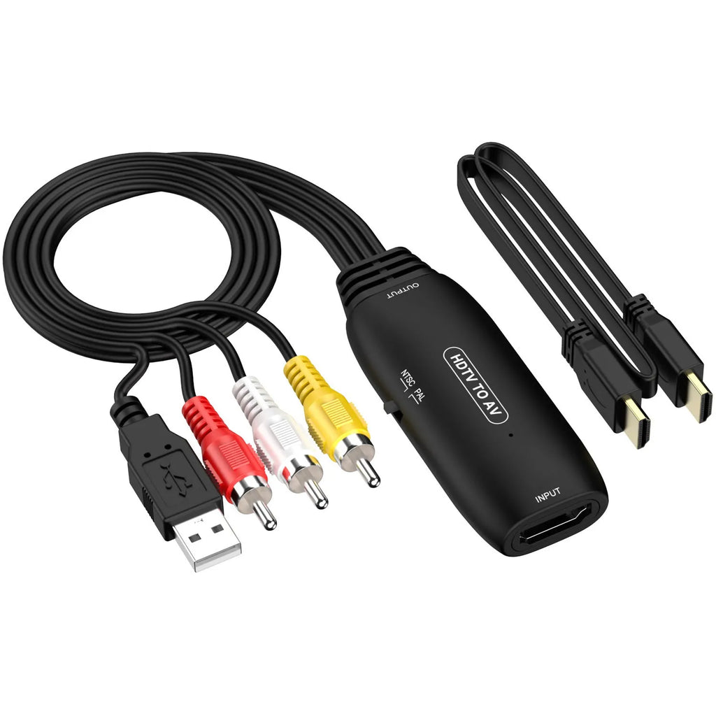 Black HDMI to AV converter adapter with 110cm cable for projector and monitor video signal conversion