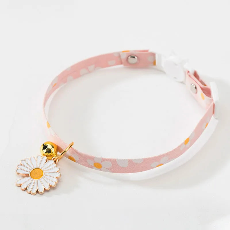Adjustable pet collar with metal bell pendant and fabric bow tie decoration in choice of colours