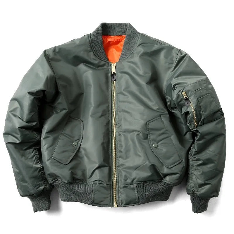 Men's army green loose fit nylon pilot jacket with cotton padding on a hanger.