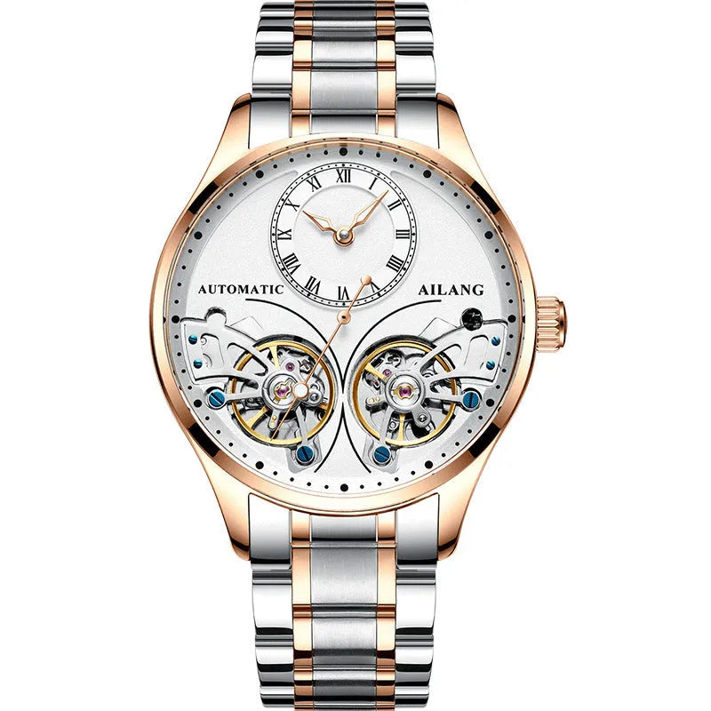 Automatic men's watch with tourbillon and moon phase on a black dial in a titanium case.