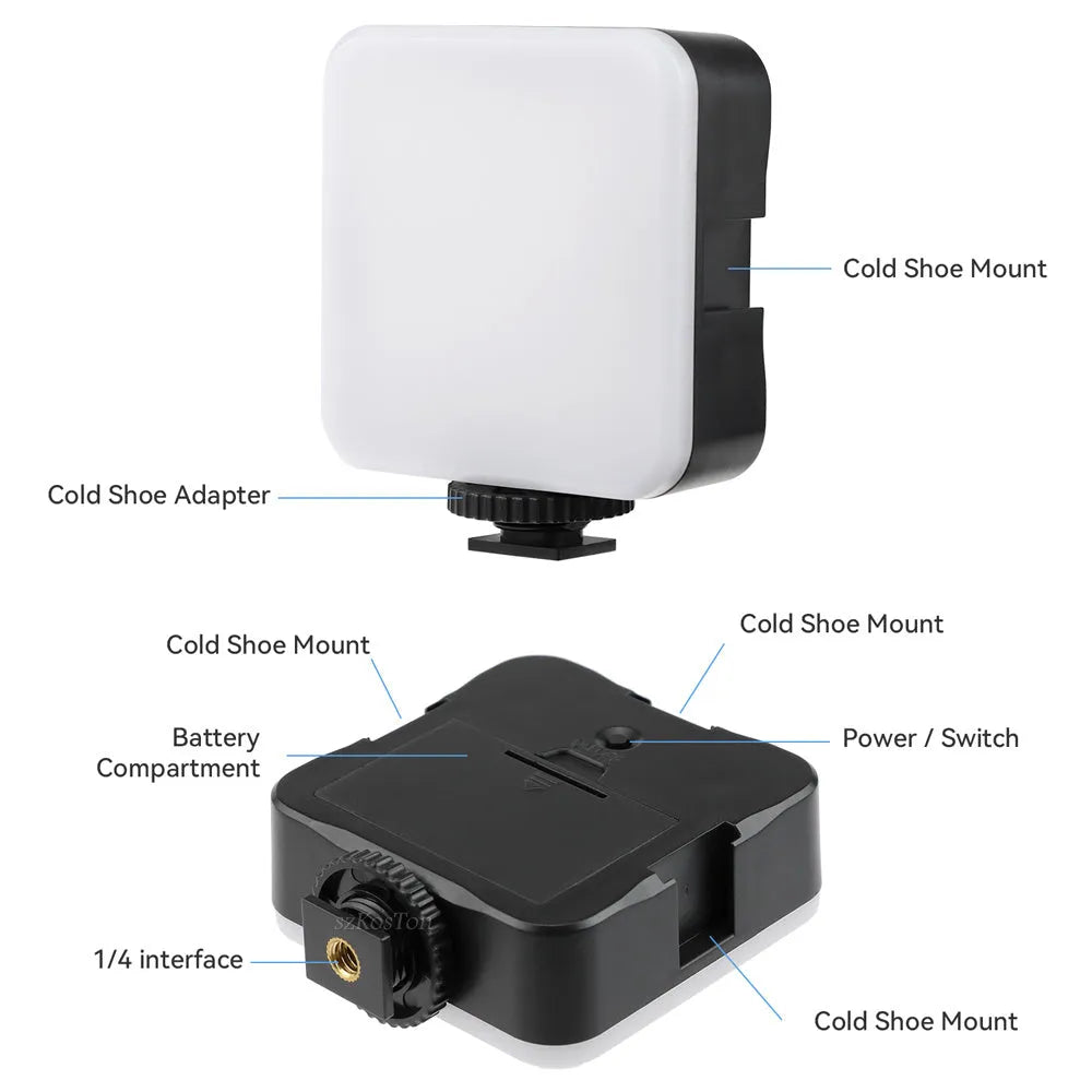 Small square universal camera flash unit with hot shoe mount and rotatable head.