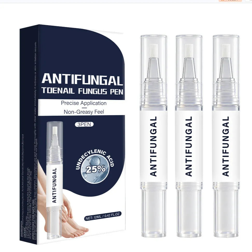 Three nail fungus pens in a pack, each 4ml, for daily nail repair treatment on fingernails and toenails.