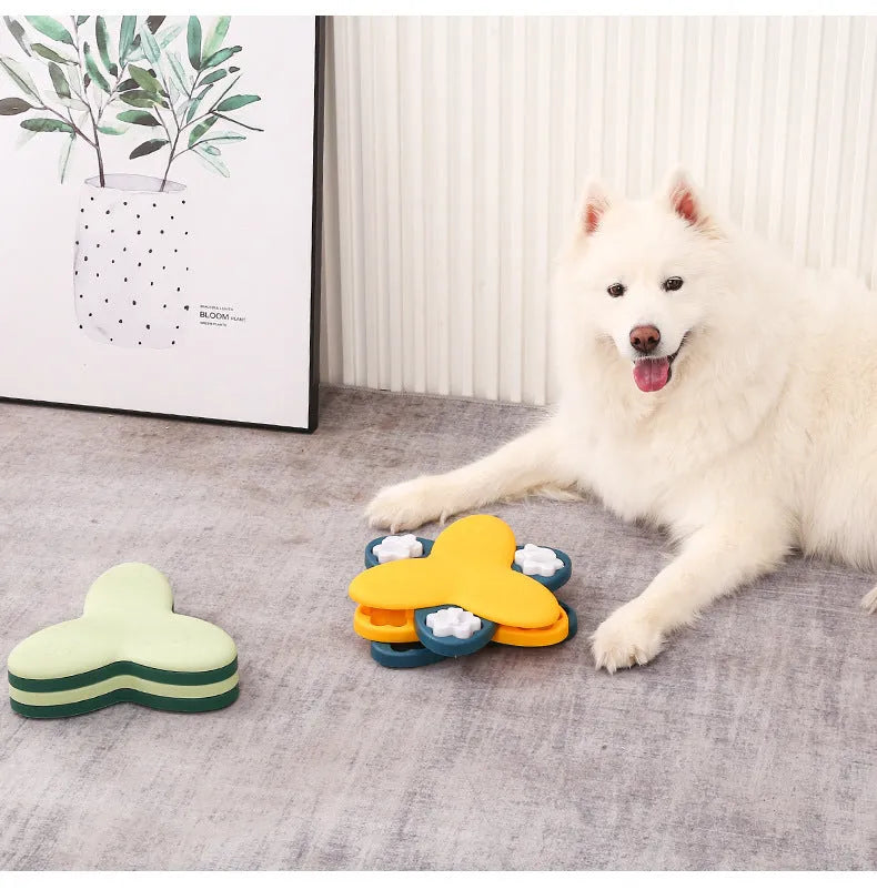 Green and yellow dog puzzle toy slow feeder with nine hidden treat compartments and bone covers