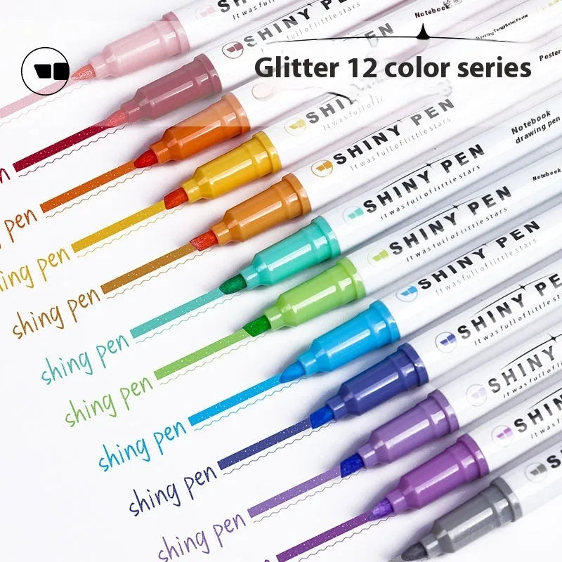 Set of four glitter highlighter pens with slanted 4mm tips in six colour variants including Taro Puff and Mung Bean Smoothie.