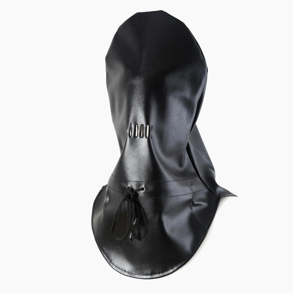 Black leather breathable training mask with adjustable fastenings for bondage roleplay