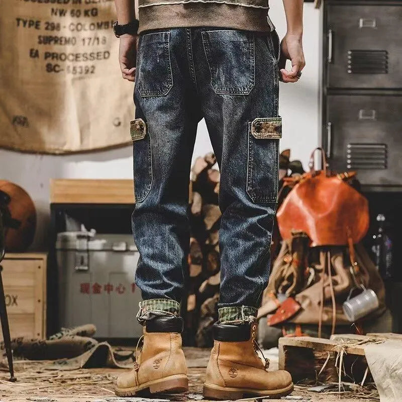 Men's American-style heavy distressed cargo jeans, loose fit, blue cotton denim, 28-36 waist sizes