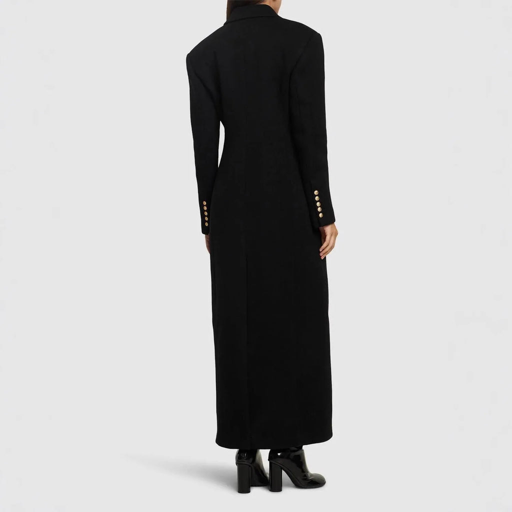 Women's slim-fit two-button extended coat in black imitation cashmere blend, front view on hanger