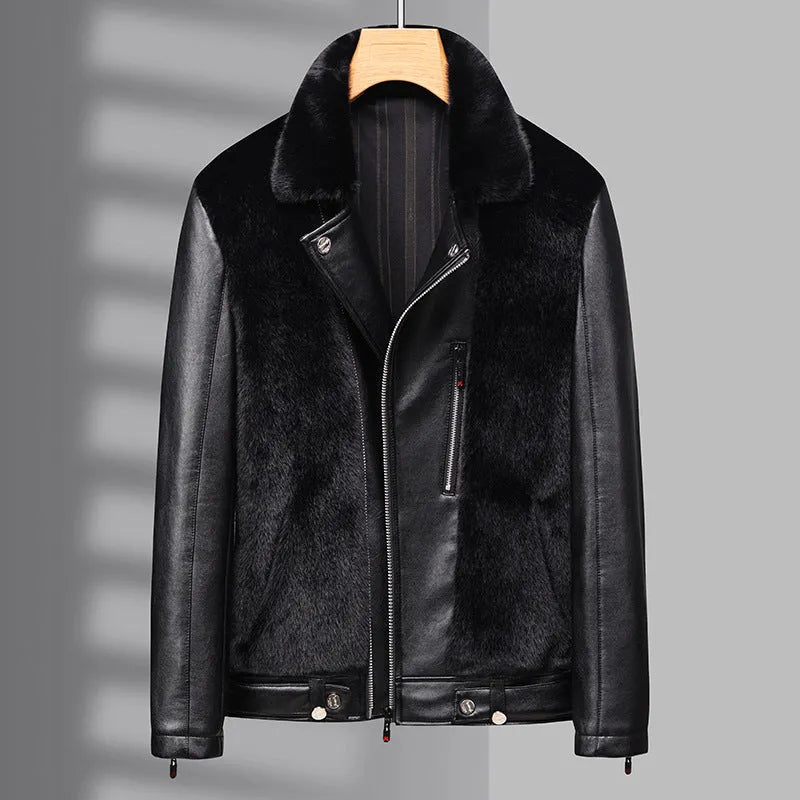 Men's black artificial fur winter jacket, city style, 50cm length, sizes M to 4XL