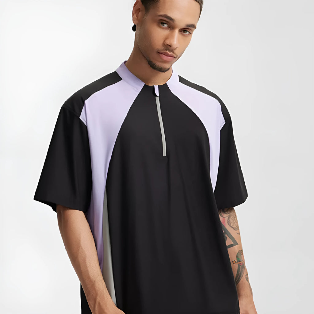 Men's solid colour polyester leisure top showing long and short sleeve options in black and beige colours