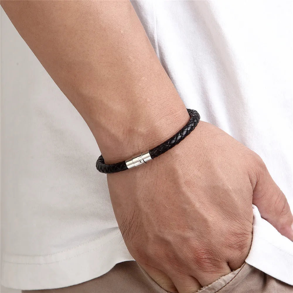 Men's titanium steel wire bracelet with geometric charm and magnet clasp in multiple colour options