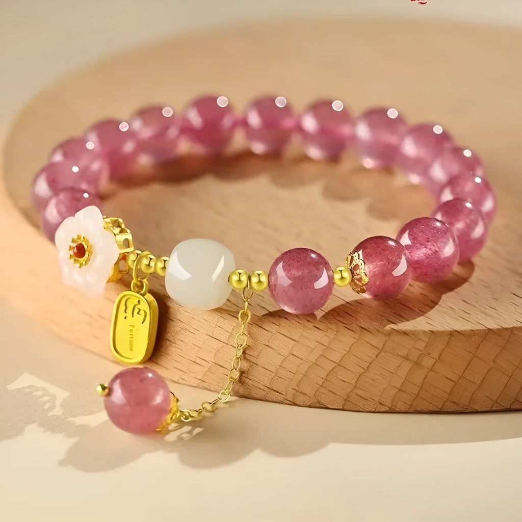 Handmade strawberry quartz crystal bracelet for girls with natural crystal beads and moon charms