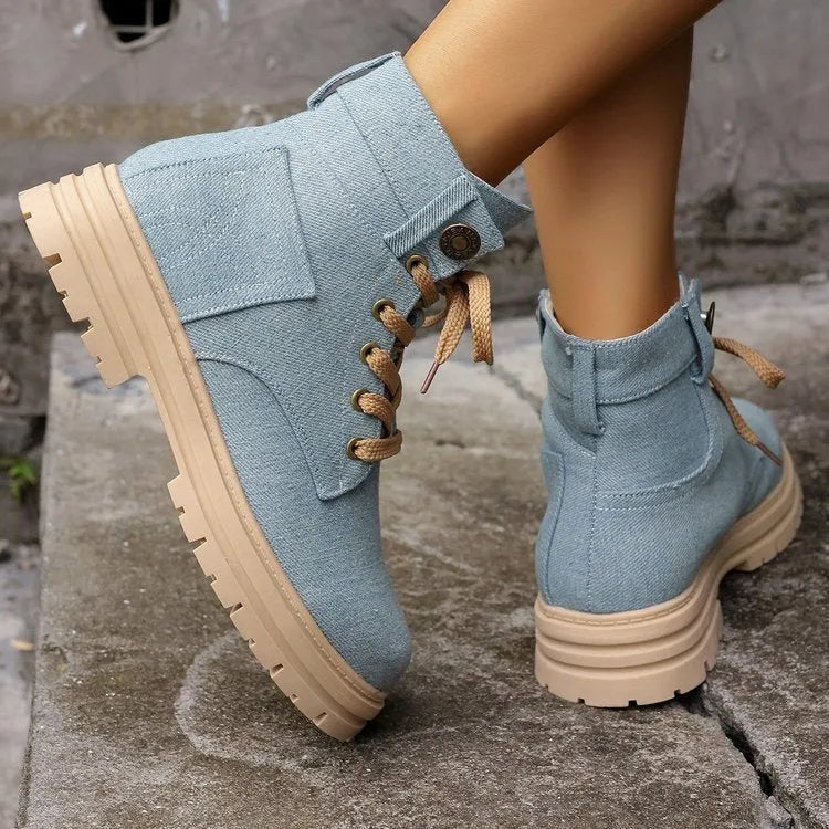Lace-up denim ankle boots women platform cowboy boots flat heel round toe PU rubber sole autumn winter
