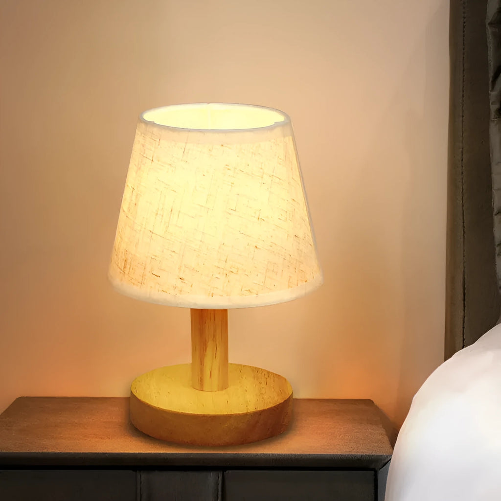 Vintage pleated table lamp with jute shade and bamboo holder showing three-colour dimming options