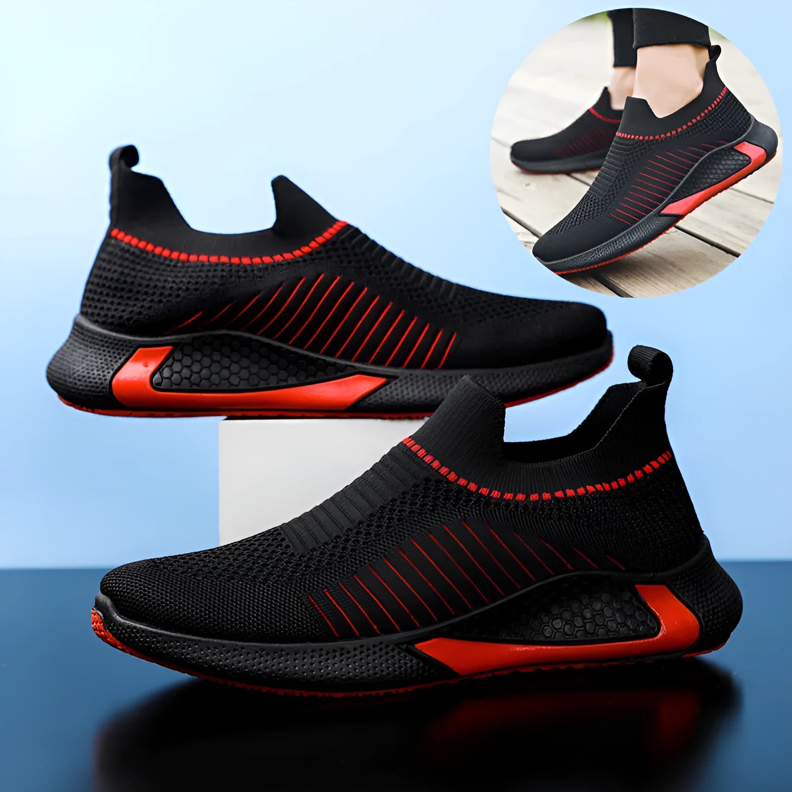 Men's striped mesh sock shoes with Flyknit upper and front lace-up closure in black, black white, or white colours