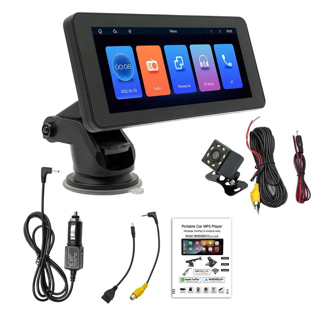 Portable wireless car video player with 6.86-inch screen showing camera display