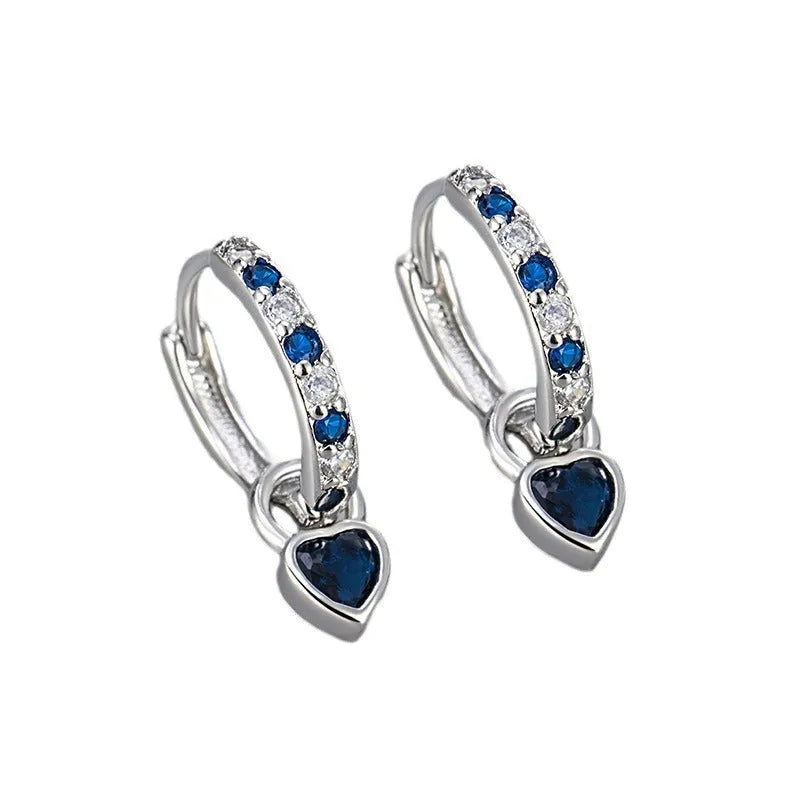 Women's heart-shaped zircon drop earrings with coloured gemstone centre and ear clip fastening