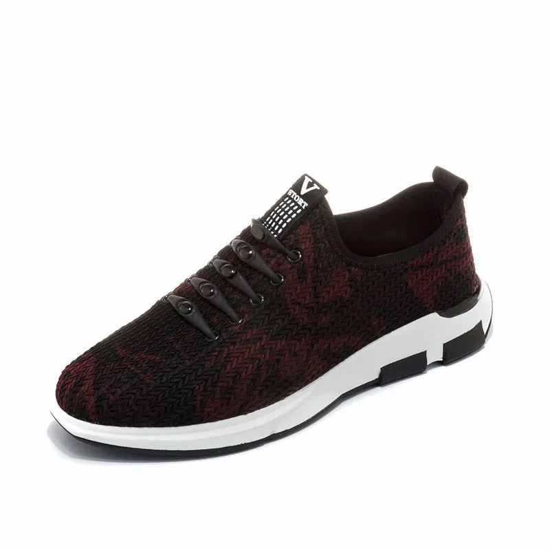 Men's breathable Lycra casual shoes in black with slip-on design, round toe, and flat rubber sole