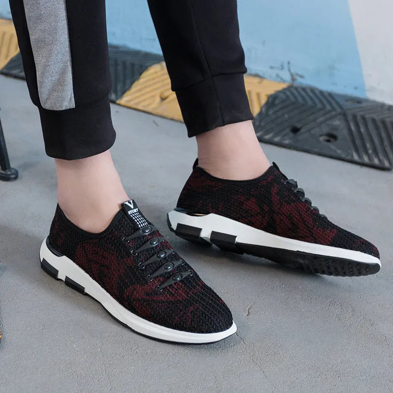 Men's breathable Lycra casual shoes in black with slip-on design, round toe, and flat rubber sole