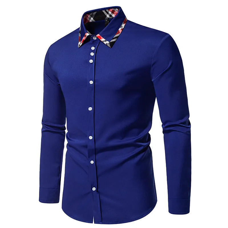 Men's plaid pattern long sleeve shirt with contrasting colour triangle collar in polyester blend fabric