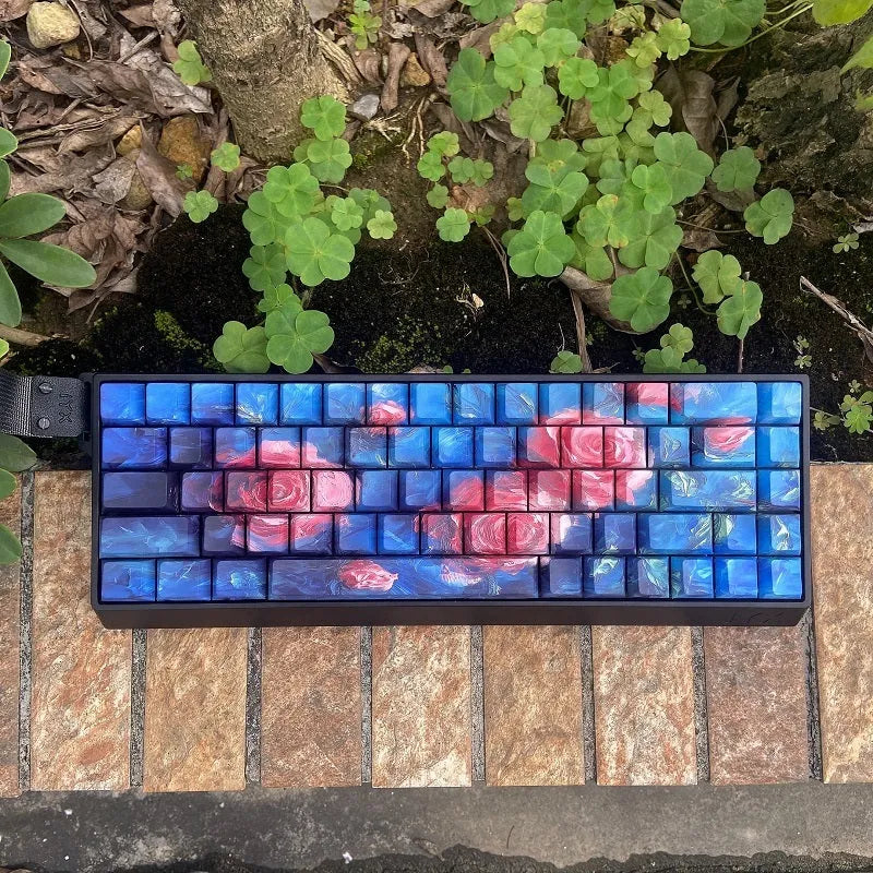 Roses coloured oil painting style side carved transparent PBT keycap set with 130 pieces for mechanical keyboards