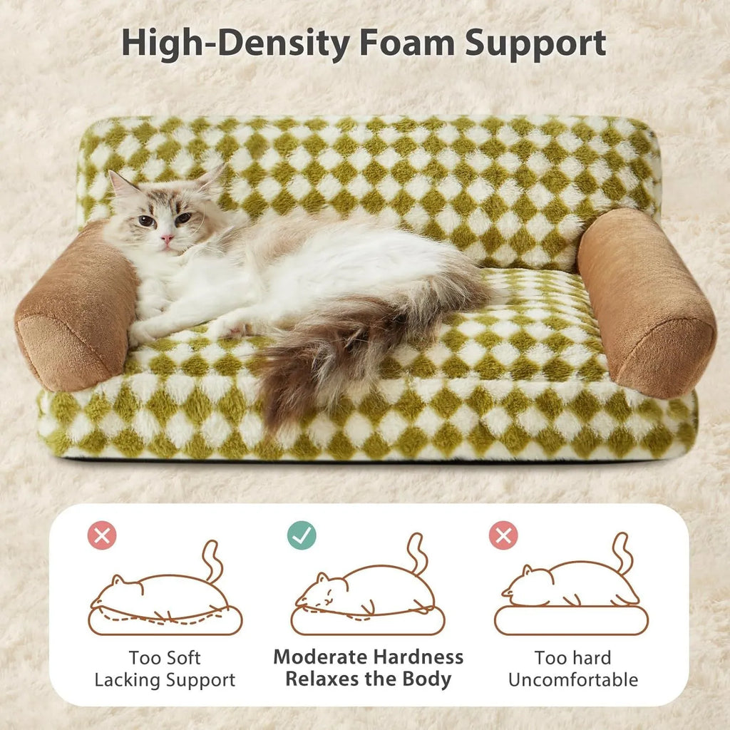 Pet couch bed for small dogs and cats with checkered pattern and non-slip bottom, white and grey, in a living room