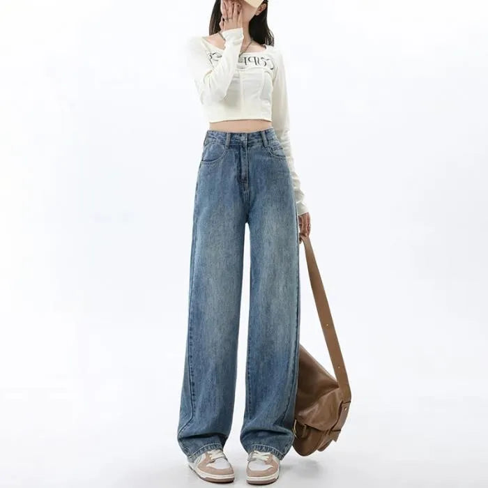 Women's retro blue wide leg jeans with high waist straight cut design and spandex stretch fabric