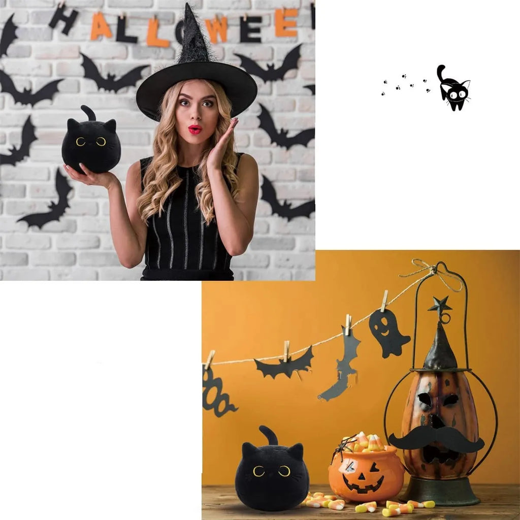 Large black fluffy cat plush toy with soft pillow cushion shape for kids and home decoration