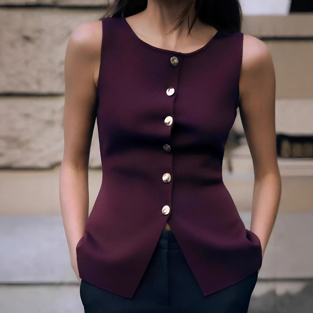 Dark red women's sleeveless sweater vest with gold buttons and 3D pattern detail