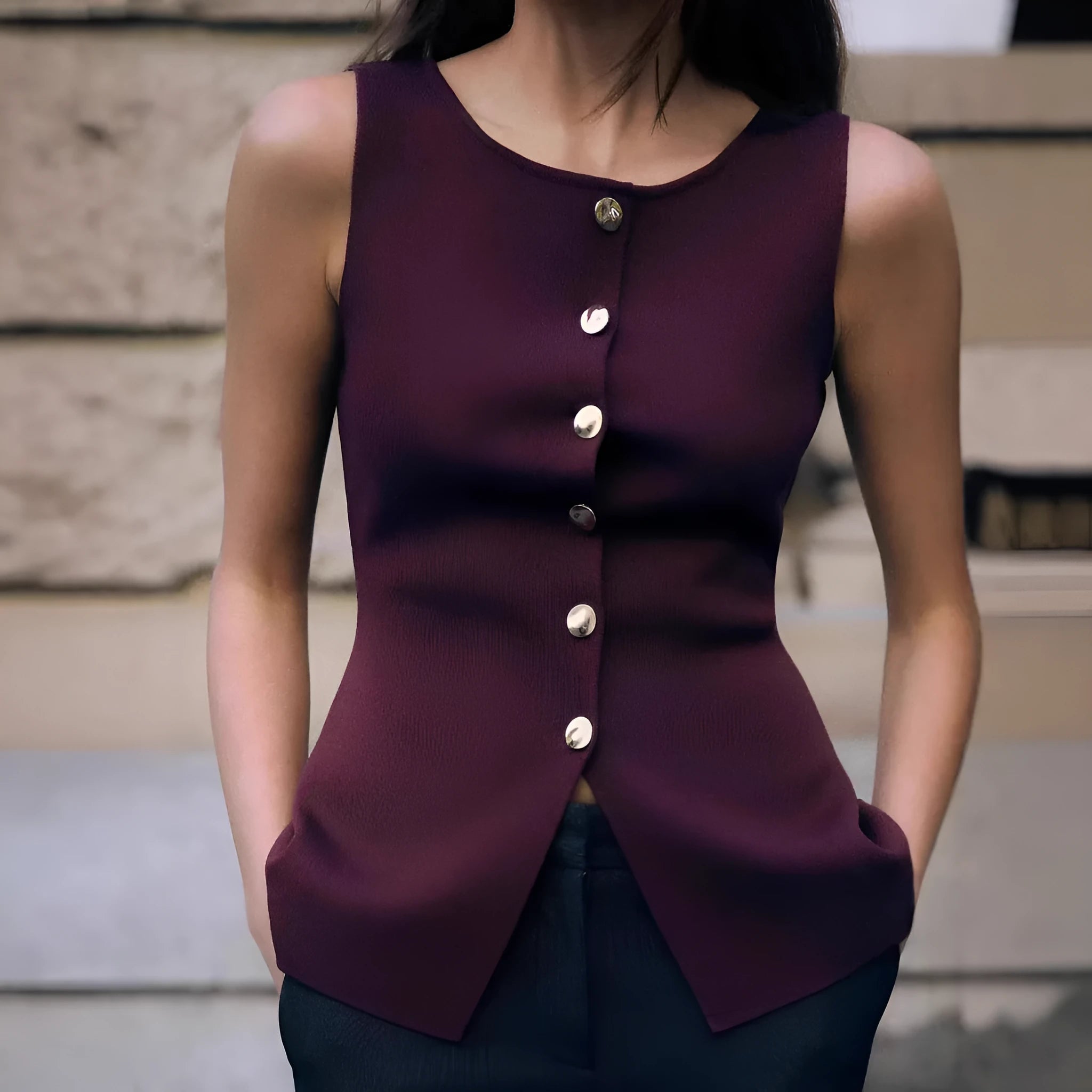 Dark red women's sleeveless sweater vest with gold buttons and 3D pattern detail
