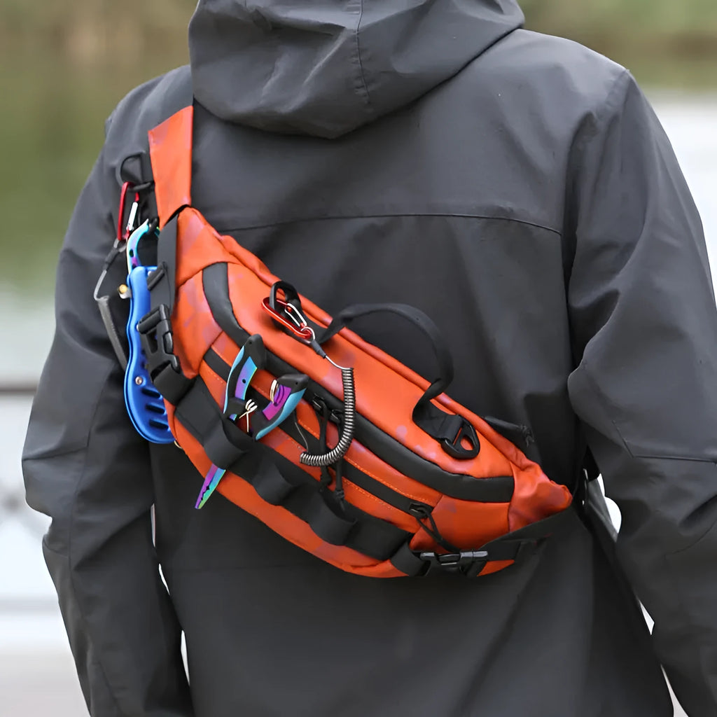 Camouflage waterproof lure waist bag with film leather exterior and polyester lining, unisex striped pattern, three colour options.
