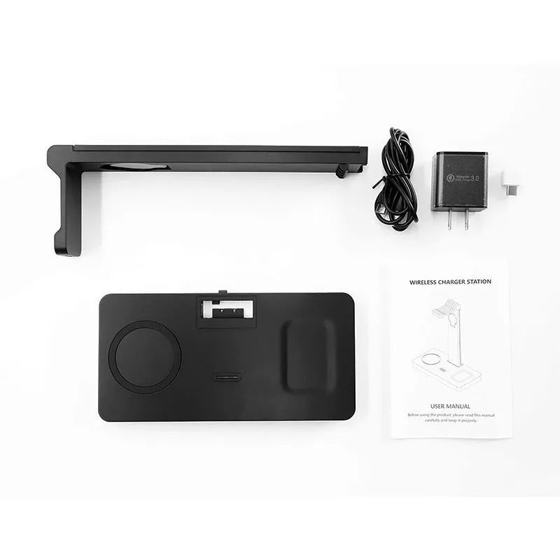Black multi-function wireless charging station with USB ports for phones watches and headphones